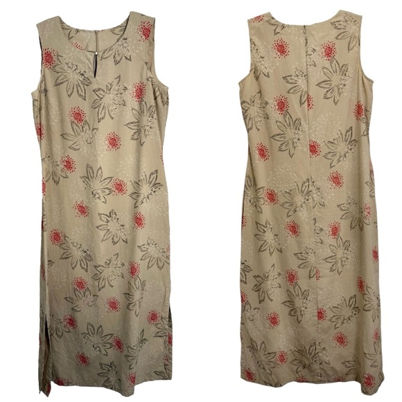 Vintage 90s Silk Floral Maxi Sun Dress Size 14 Tan Red Boho Cottage - Picture 2 of 8